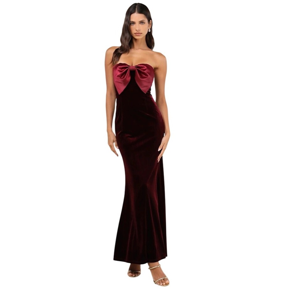 Lulus Strapless Velvet Burgundy Bow Maxi Dress XL